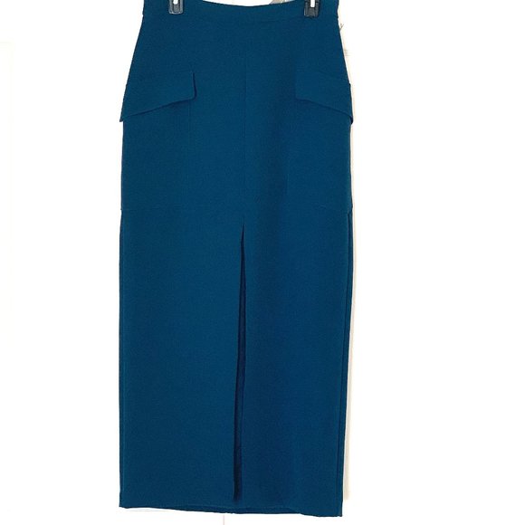 SKIRT FULL LENGTH Teal Blue Unusual Front Slit Cargo Style Pockets Sz 6 - Picture 4 of 14